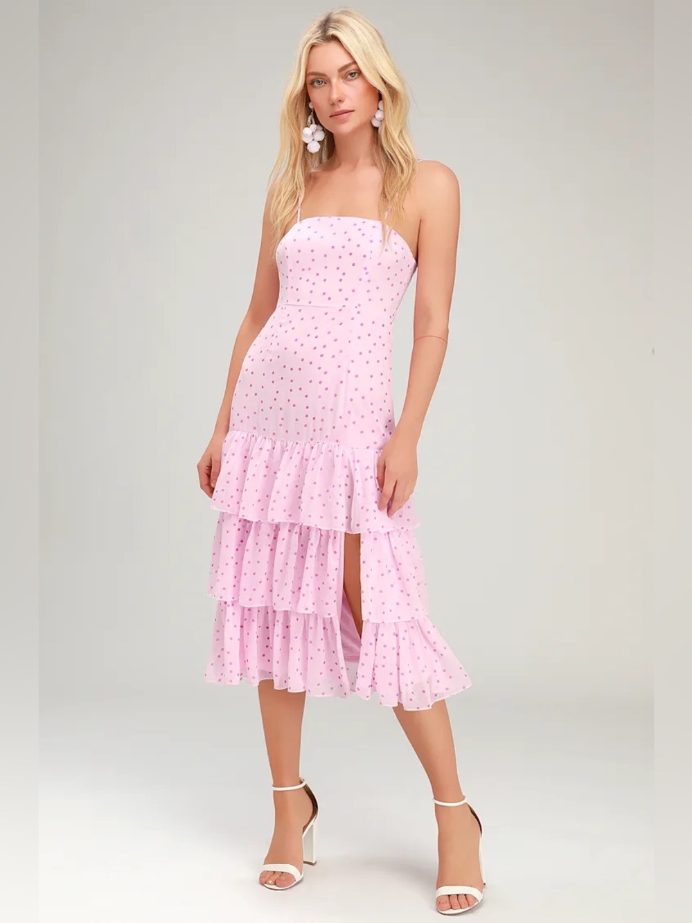 Lulus NWT Nellie Pink Polka Dot Ruffled Midi Dress